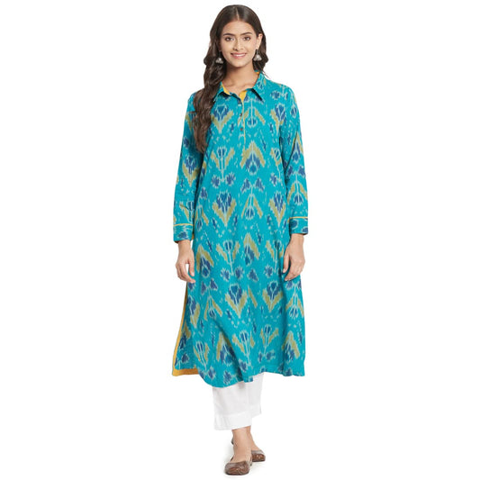 Fabindia Women Woven Cotton Collar Neck Long Kurta Ikat_Blue