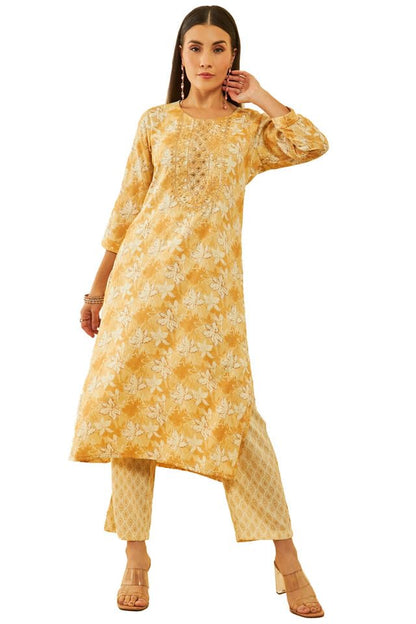 Soch Womens Mustard Rayon Floral Printed Kurta Set With Embroidery Details