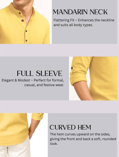Deelmo MenS Cotton Blend Solid Regular Fit Full Sleeve Short Kurta | MenS Trendy Short Kurta Yellow