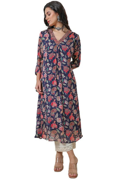 Soch Womens Navy Blue Chinon Botanical Print A Line Kurta