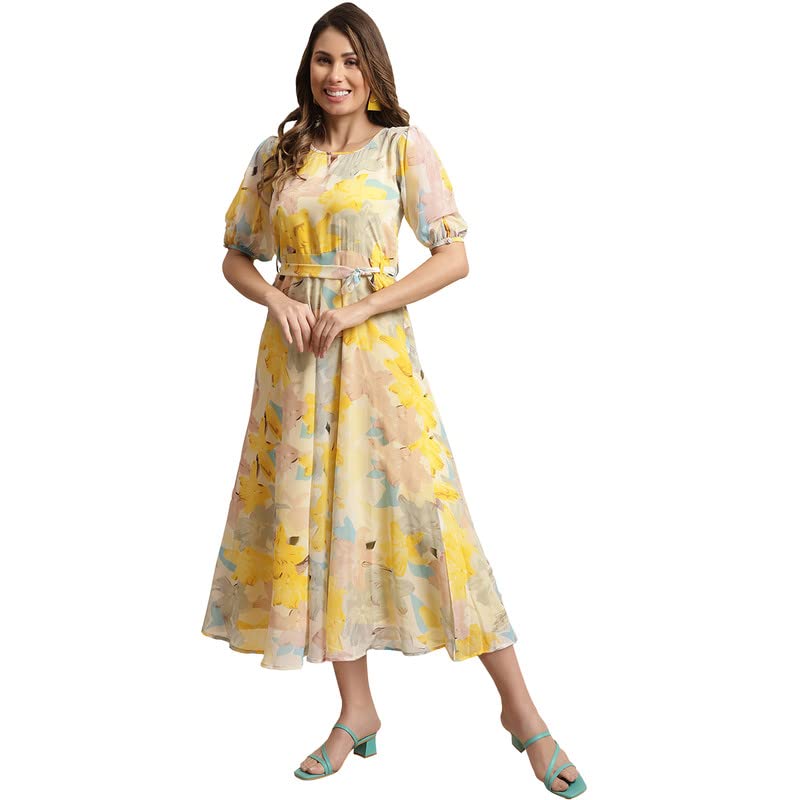 Preneum Women Fit & Flare Latest Style Print Georgette Regular Sleeves Casual Summer Maxi Dress | Festival & Occasion, Light Yel