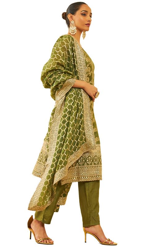 Soch Womens Green Silk Blend Brocade Patterned Suit Set With Sequins