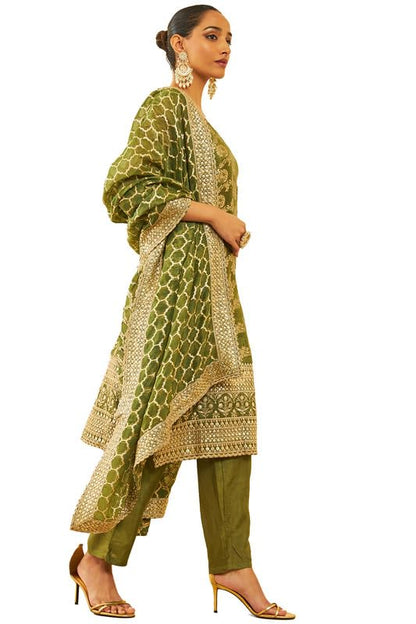 Soch Womens Green Silk Blend Brocade Patterned Suit Set With Sequins
