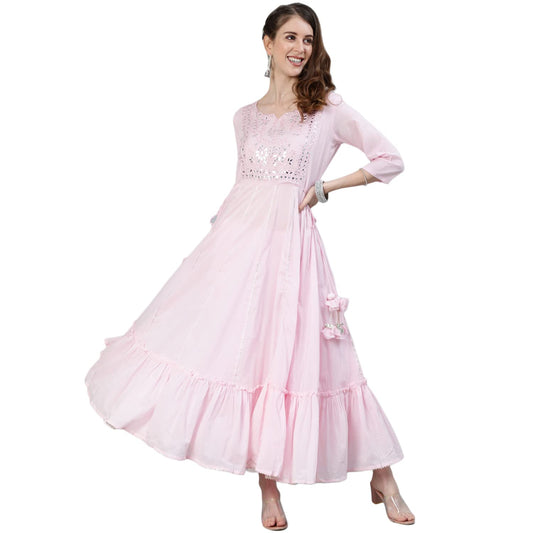 ishin Women's Cotton Anarkali Embroidered Sequins Ethnic Motifs Print Pink Kurti