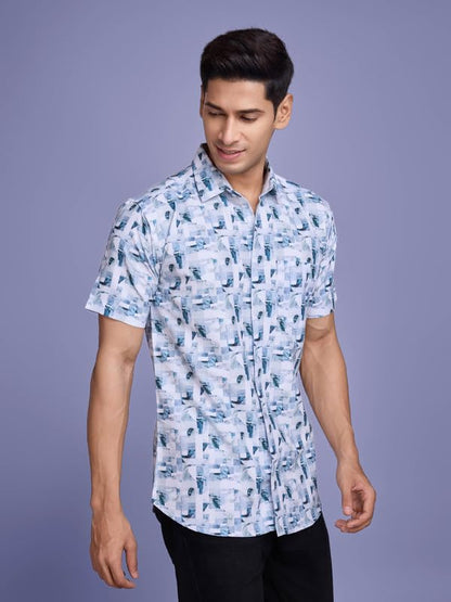 Pinkmint Stylish Shirt for Men ll Printed Half Sleeve Shirts ll Regular Fit Chest Pocket Shirt Light Blue