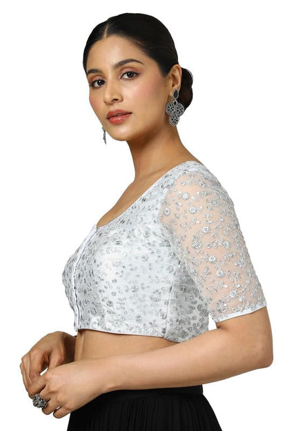 Soch Womens Silver Net Embroidered Padded Blouse with Sequins