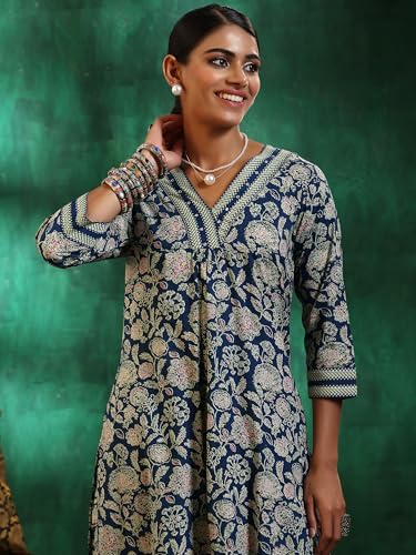 Libas Womens Printed Cotton Straight Kurta With Trousers
