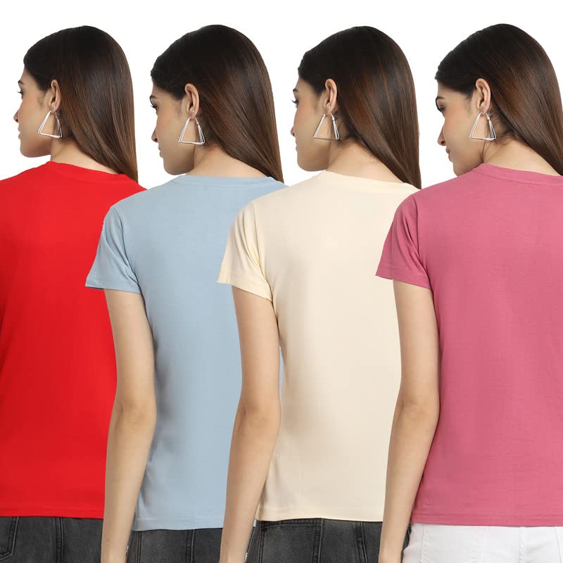 Preneum Womens Cotton Regular Fit Latest Graphic Stylish Printed Short Sleeves Casual T-Shirt || Trendy & Style (Pack 4), Ivory
