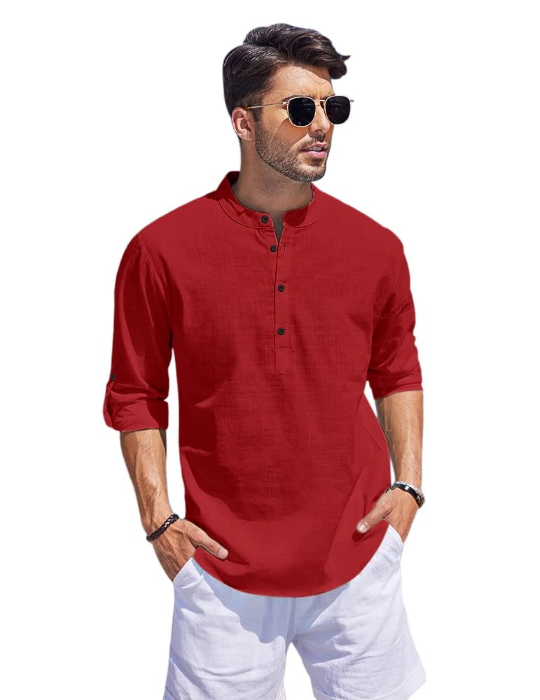 Hemrin Men Solid Cotton Blend Straight Kurta Shirt Maroon
