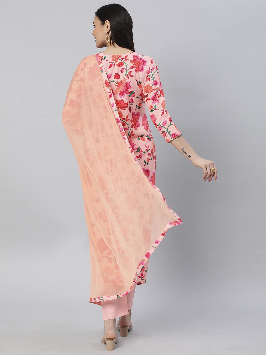 GoSriKi Women's Cotton Blend Printed Straight Kurta with Pant & Dupatta (Water-Peach-GS)