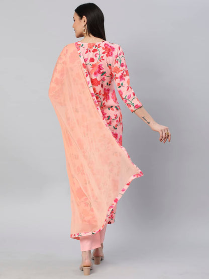 GoSriKi Women's Cotton Blend Printed Straight Kurta with Pant & Dupatta (Water-Peach-GS)