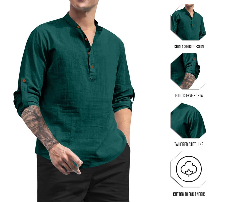 Royalscout MenS Cotton Polyester Blend Solid Regular Fit Full Sleeve Short Kurta Green