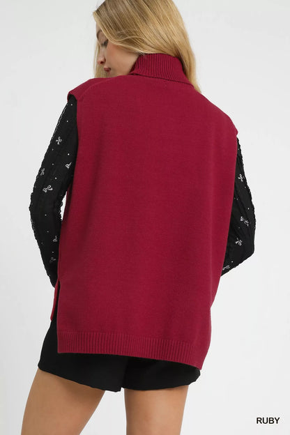 Umgee High-Low Turtleneck Sleeveless Sweater Top