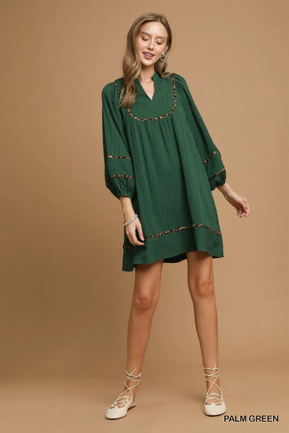 Umgee Textured Babydoll Dress with Leopard Trim