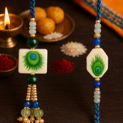 Premium Designer White Peacock Resin Rakhi Set of 2 with Roli Chawal for Bhaiya Bhabhi – Traditional Lumba Set, Thread Rakhi with Stones – Ideal Raksha Bandhan Gift