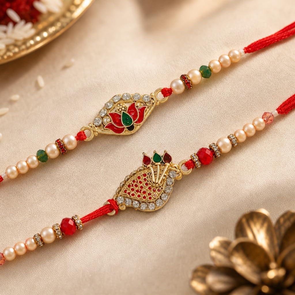Premium Designer Rakhi Set of 2 for Brother – Rakhi Thread, Rakhi Bracelet, Traditional Raksha Bandhan Gift for Bhaiya