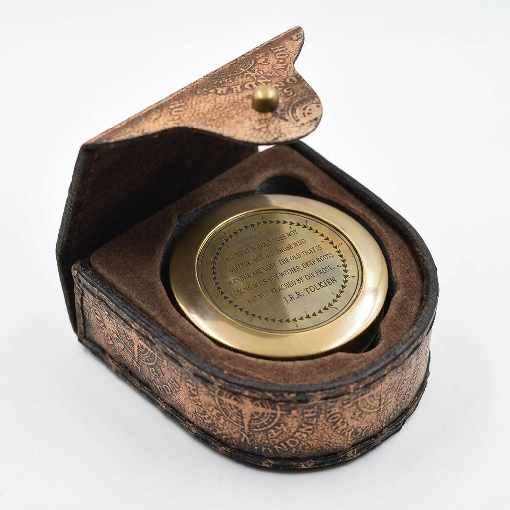 STORE INDYA Brass Compass with Magnetic Needle - Vintage Nautical Directional Compass with Scripture Engraving & Leather Case - High-Quality Gift for Men, Son, Father