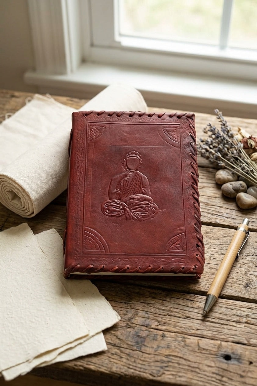 Premium Leather Diary | Handmade Leather Journal & Personal Organizer, Travel Notebook with Buddha Embossed Cover, Vintage Writing Diary for Men & Women, Refillable Rustic Notebook