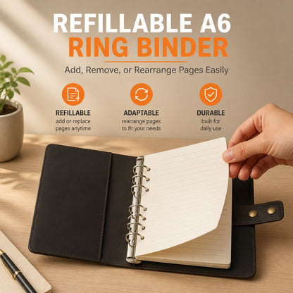 Handmade A6 Genuine Leather Journal-Refillable Ring Binder, Vintage Travel Organizer, and Writing Notebook for Men and Women-8x6 Inches