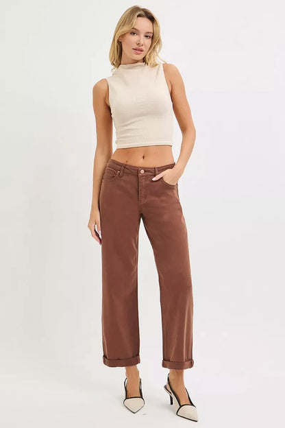 RISEN Full Size Tummy Control Mid Rise Ankle Barrel Baggy Plus Size