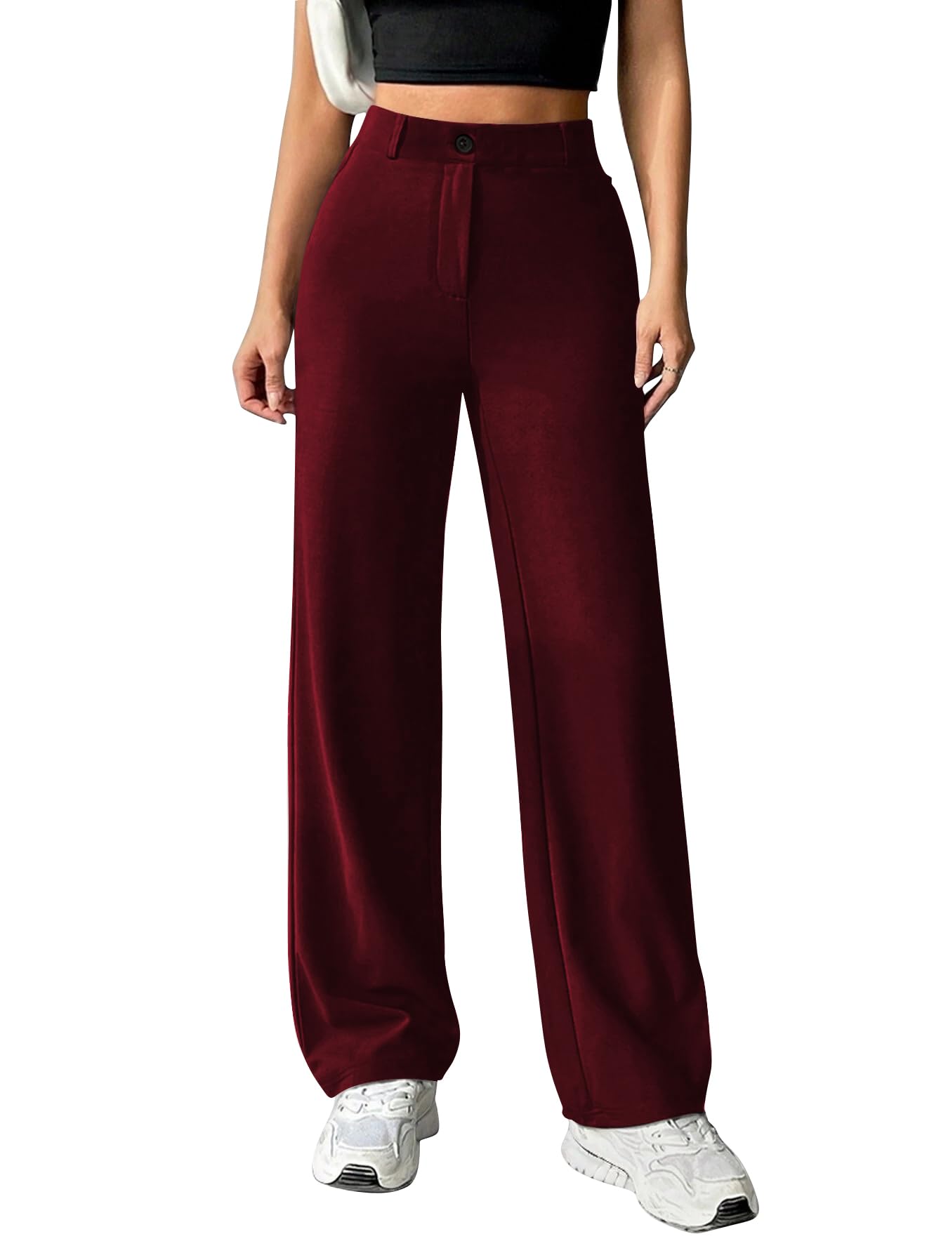 Toochki Straight Pants Trousers for Women with High Waist, Formal Pant for Women Office Wear with Wide Waistband Wine