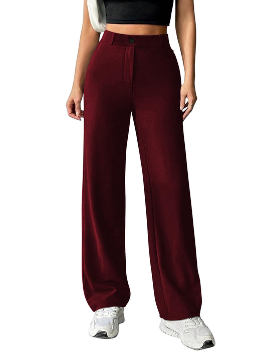 Toochki Straight Pants Trousers for Women with High Waist, Formal Pant for Women Office Wear with Wide Waistband Wine