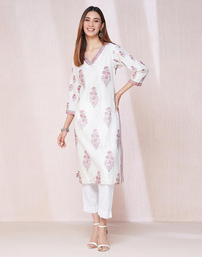 Fabindia WomenS Cotton Silk Printed Regular Kurta (1037300White- White-Purple