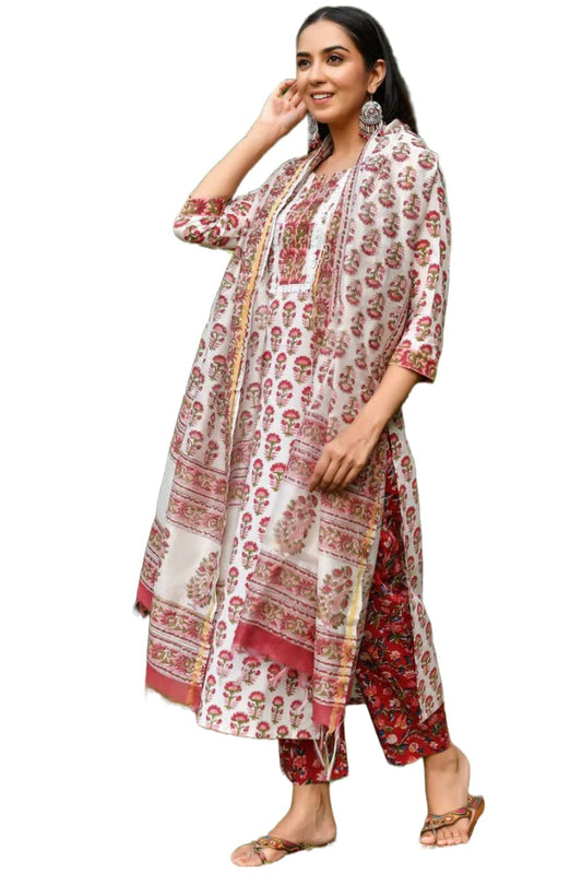 GoSriKi Women's Cotton Blend Straight Printed Kurta Set With Dupatta