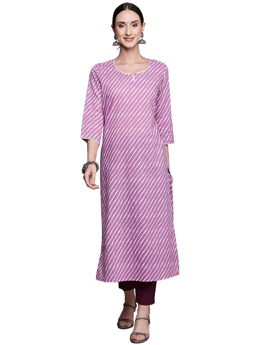 ishin Women's Cotton Blend Purple Leheriya Printed A-Line Kurta