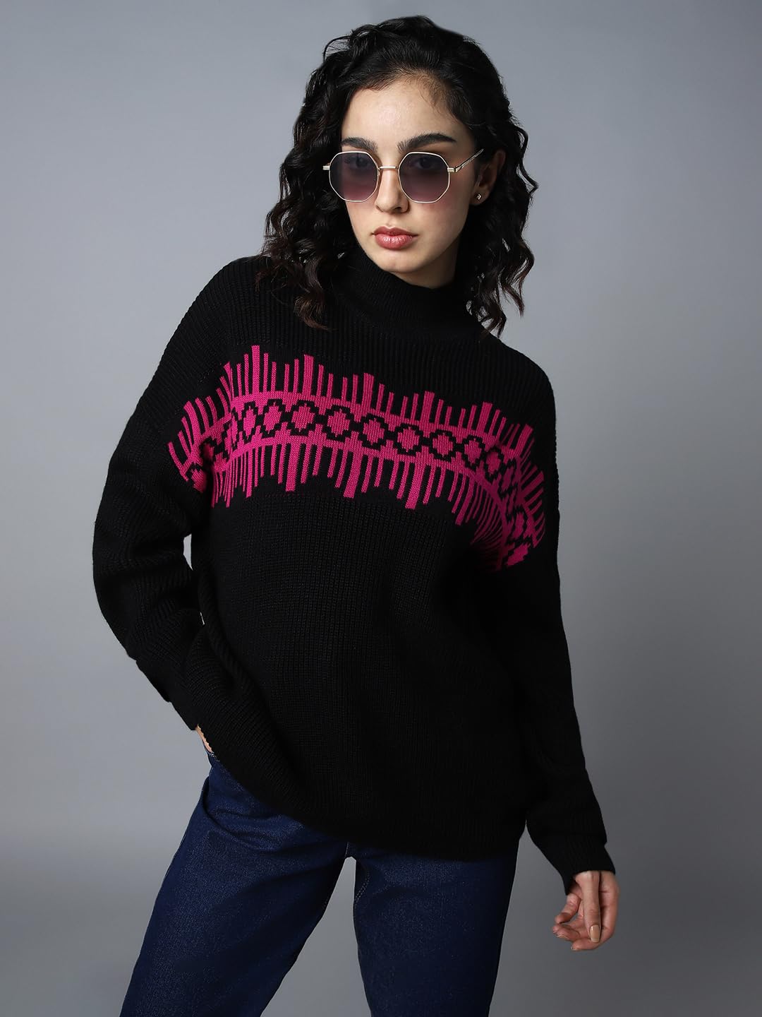High Star WomenS Acrylic Round Neck Pullover Sweater (Hswsww23010_Bk_Black