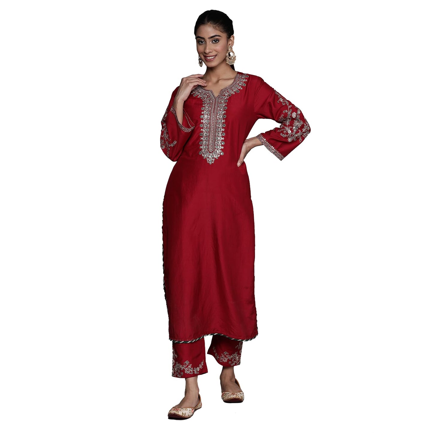 Varanga Women's Maroon Round Neck Yoke Embroidered Straight Kurta with Tonal Embroidered Bottom and Contrast Dupatta with Fringes ?Elegant Ethnic Wear