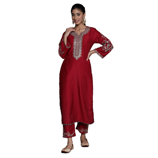 Varanga Women's Maroon Round Neck Yoke Embroidered Straight Kurta with Tonal Embroidered Bottom and Contrast Dupatta with Fringes ?Elegant Ethnic Wear