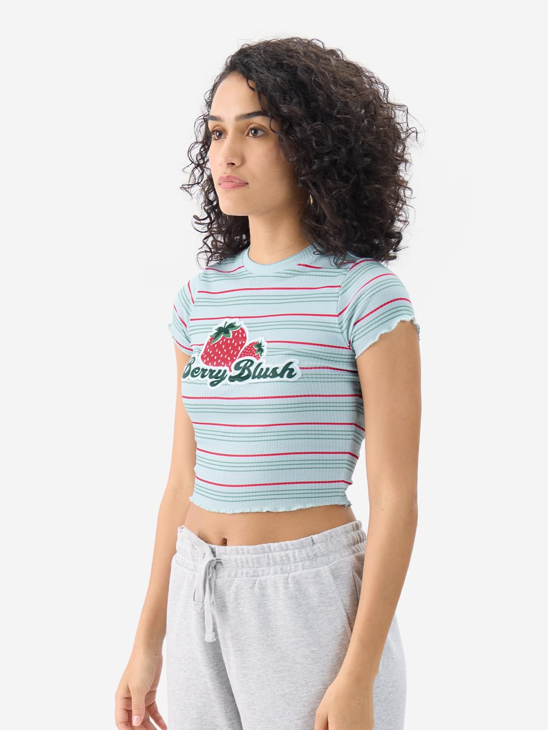 The Souled Store Berry Blush Women and Girls Short Sleeve Round Neck Striped Slim Fit Polyester Blend Cropped Tops