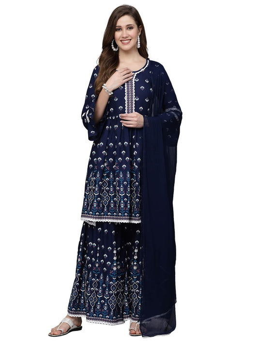 Stylum Women's Printed Rayon Short Kurta with Sharara & Dupatta