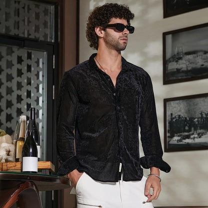 Campus Sutra Mens Onyx Black Solid Velvet Shirt for Casual Wear | Spread Collar | Long Cuffed Sleeves | Button Closure | Shirt