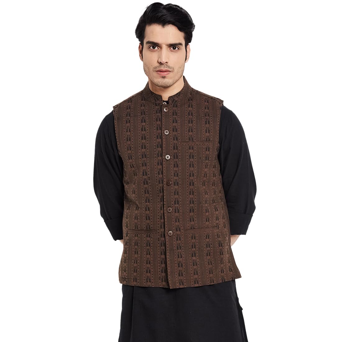 Fabindia MenS Black Cotton Printed Nehru Jacket (100511701