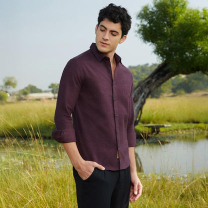 Campus Sutra Mens Wine Red Solid Cotton Shirt for Casual Wear | Spread Collar | Long Cuffed Sleeves | Button Closure | Shirt Cr