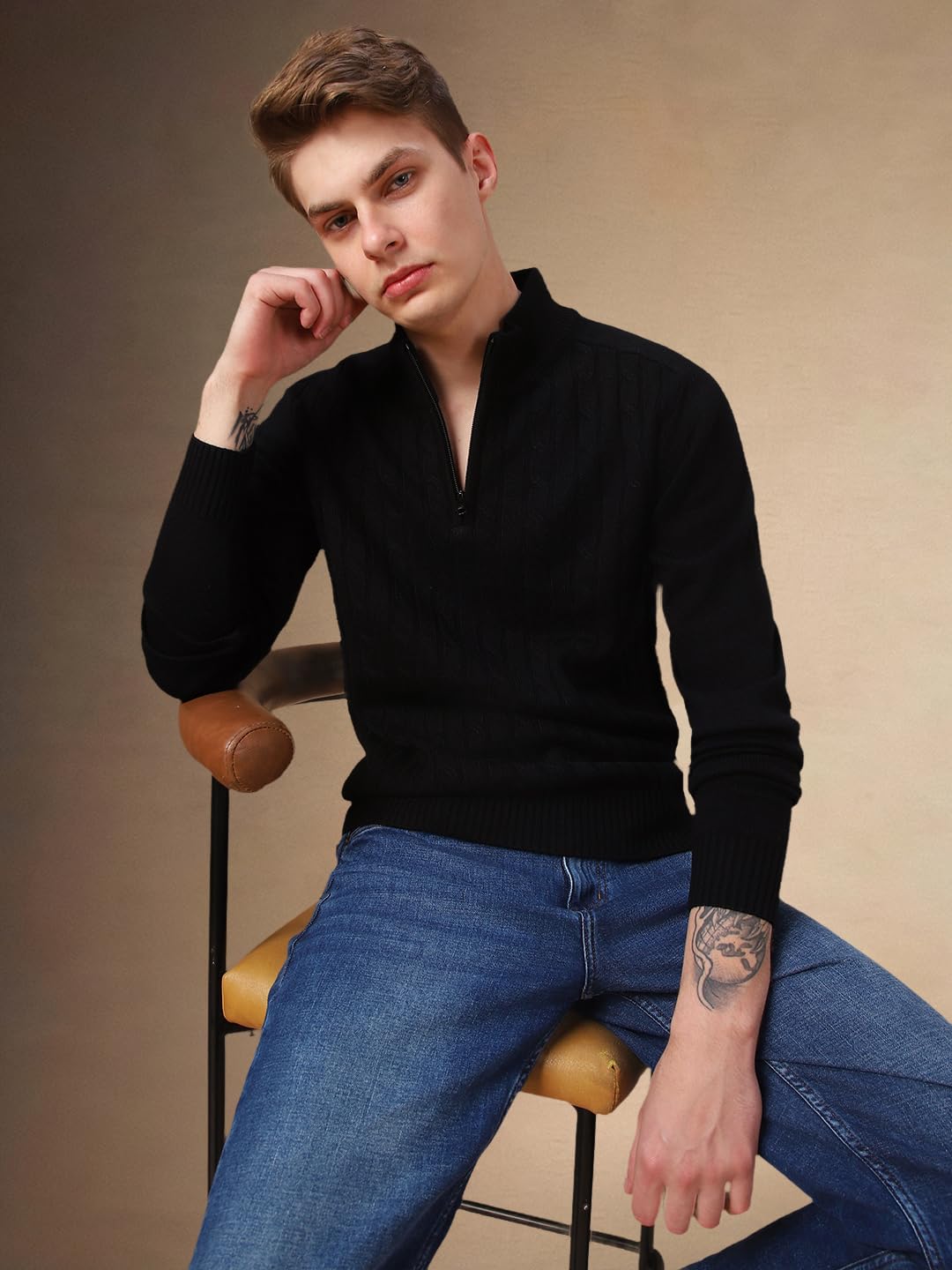 Dennis Lingo Men Black Solid Acrylic Slim Fit Full Sleeve Sweater