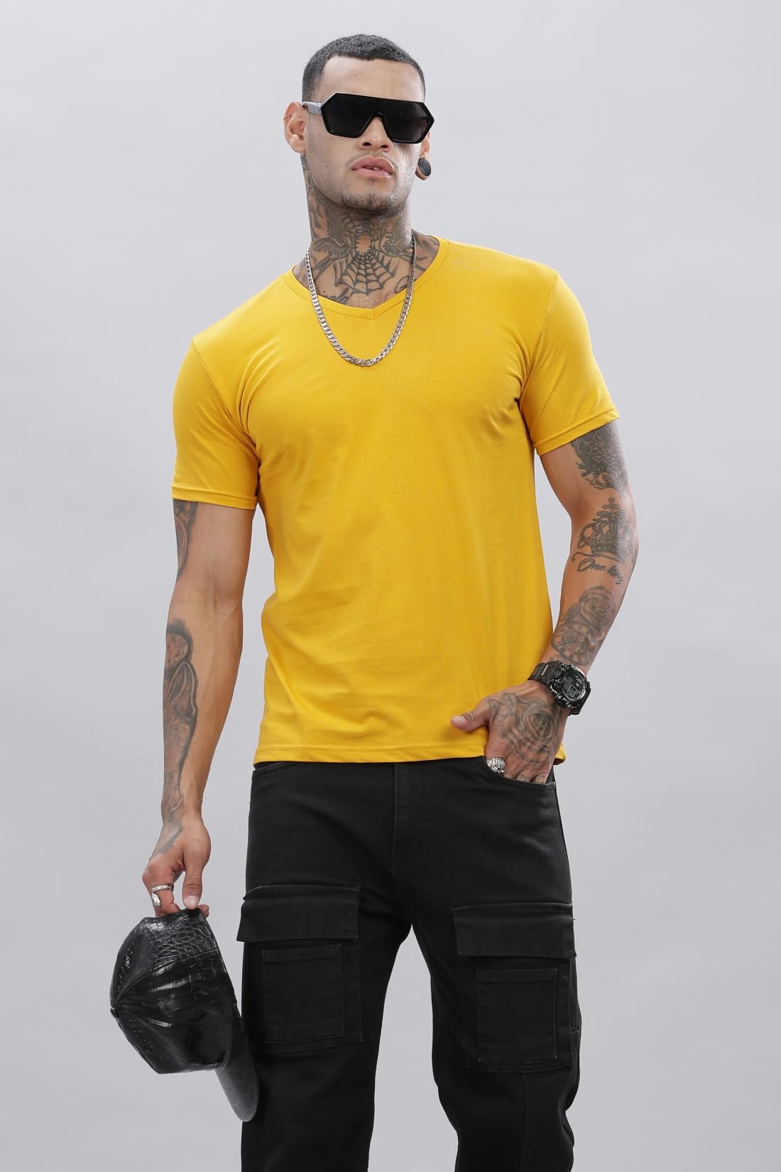 ADRO Men's V Neck Solid Cotton T-Shirt (VN-M-PLN-MU_Mustard)