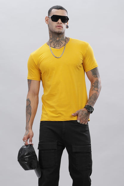 ADRO Men's V Neck Solid Cotton T-Shirt (VN-M-PLN-MU_Mustard)