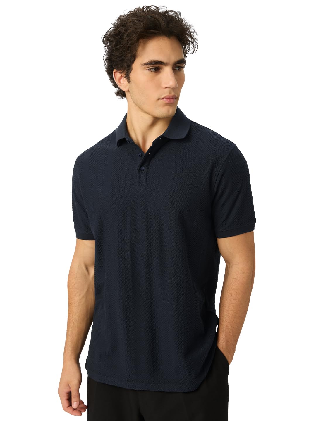 The Souled Store Official Textured Polo : Navy Men and Boys Short Sleeves Collared Neck Multicolor Printed Regular Fit Cotton Bl