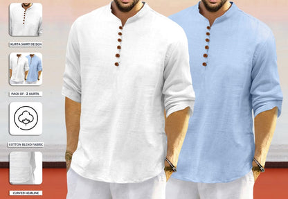 Royalscout MenS Cotton Polyester Blend Solid Regular Fit Full Sleeve Short Kurta | Ethnic, Lightweight Summer Kurta For Daily &