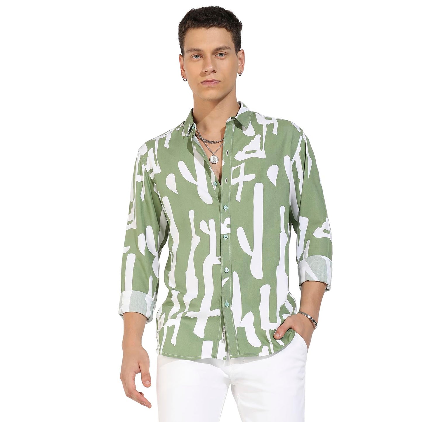 Campus Sutra Mens Sage Green Abstract Print Shirt for Casual Wear | Spread Collar | Long Sleeve | Button Closure | Heavy Rayon