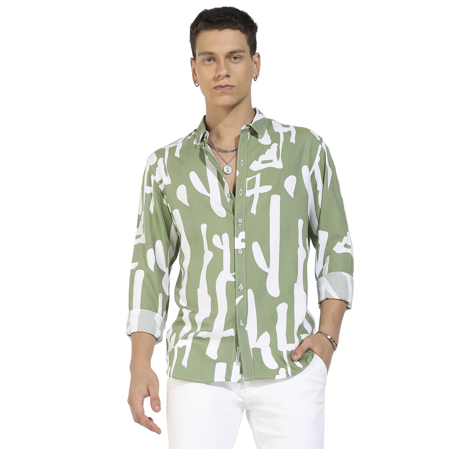 Campus Sutra Mens Sage Green Abstract Print Shirt for Casual Wear | Spread Collar | Long Sleeve | Button Closure | Heavy Rayon