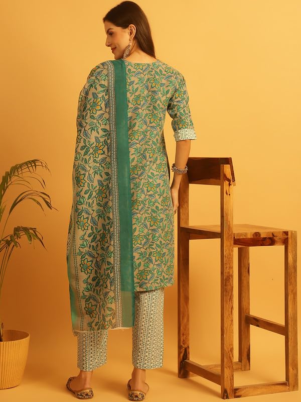 Pinkmint Salwar Suit Set For Women Flower Printed Halter V Neck Kurta With Trouser With Dupatta Ready To Wear Wedding