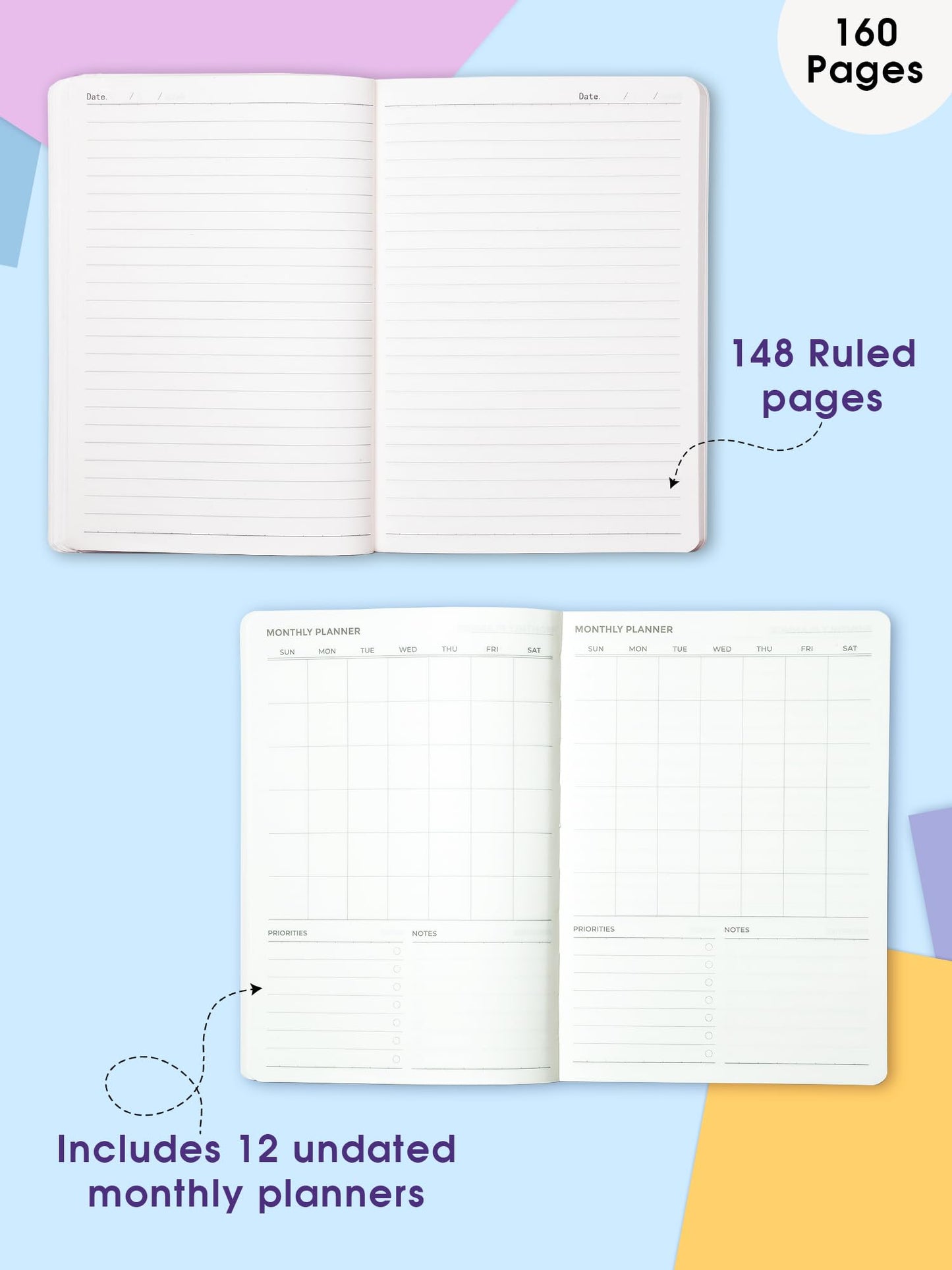 Doodle A5 Undated Planner Notebook  160 Pages (12-Month Planner + Notes), Soft Cover Journal With 80 Gsm Paper  Motivational Quo
