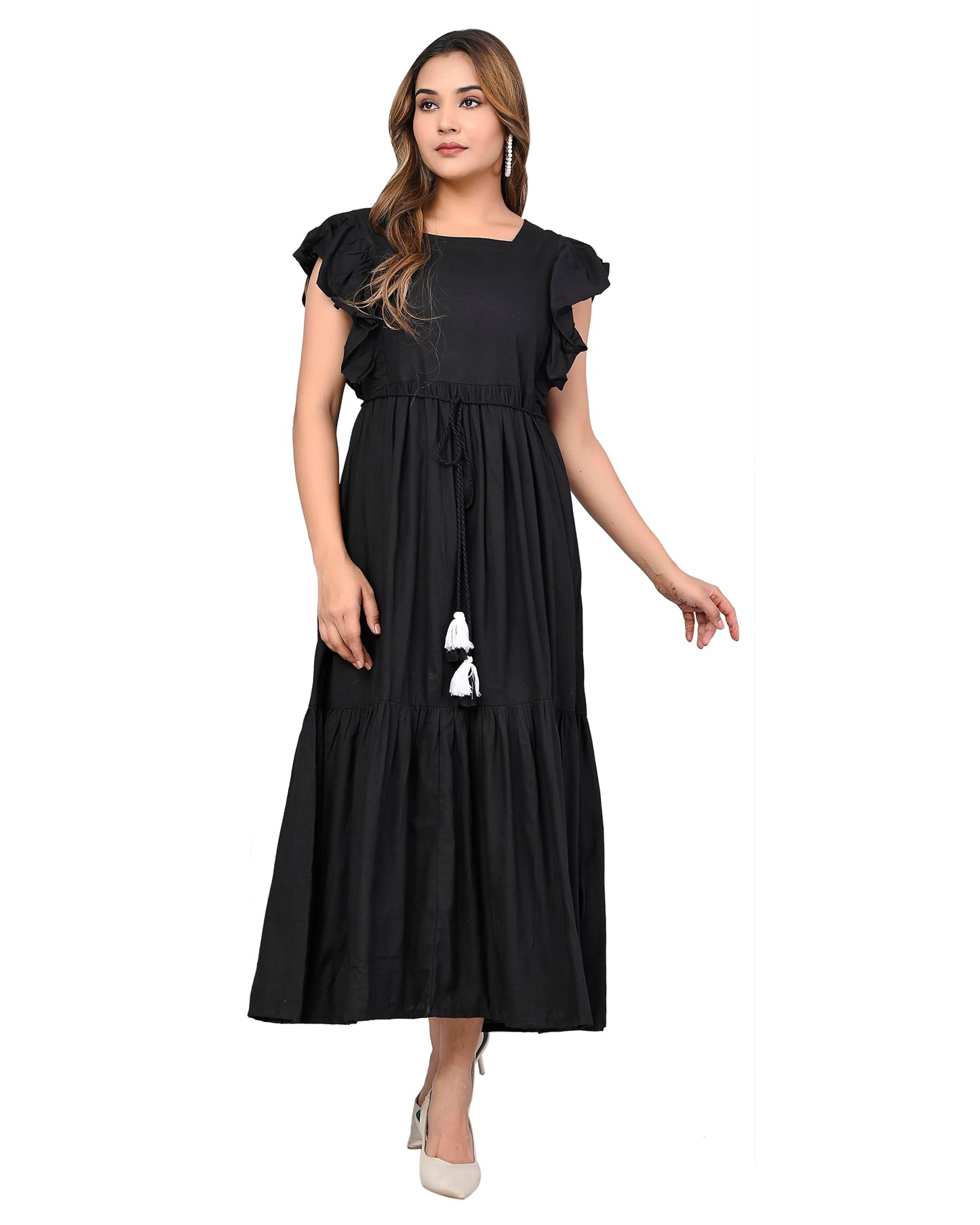 Digital Shopee Western Dress For Women Viscose Rayon Solid Long Puff Sleeves Fit & Flared Dress Square Neck One Piece Solid Pack
