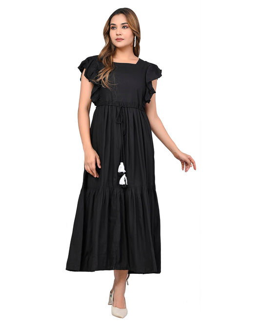 Digital Shopee Western Dress For Women Viscose Rayon Solid Long Puff Sleeves Fit & Flared Dress Square Neck One Piece Solid Pack