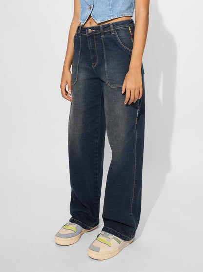 The Souled Store Denim: Vintage Blue Women and Girls Buttoned Cotton Blend Baggy Fit Jeans