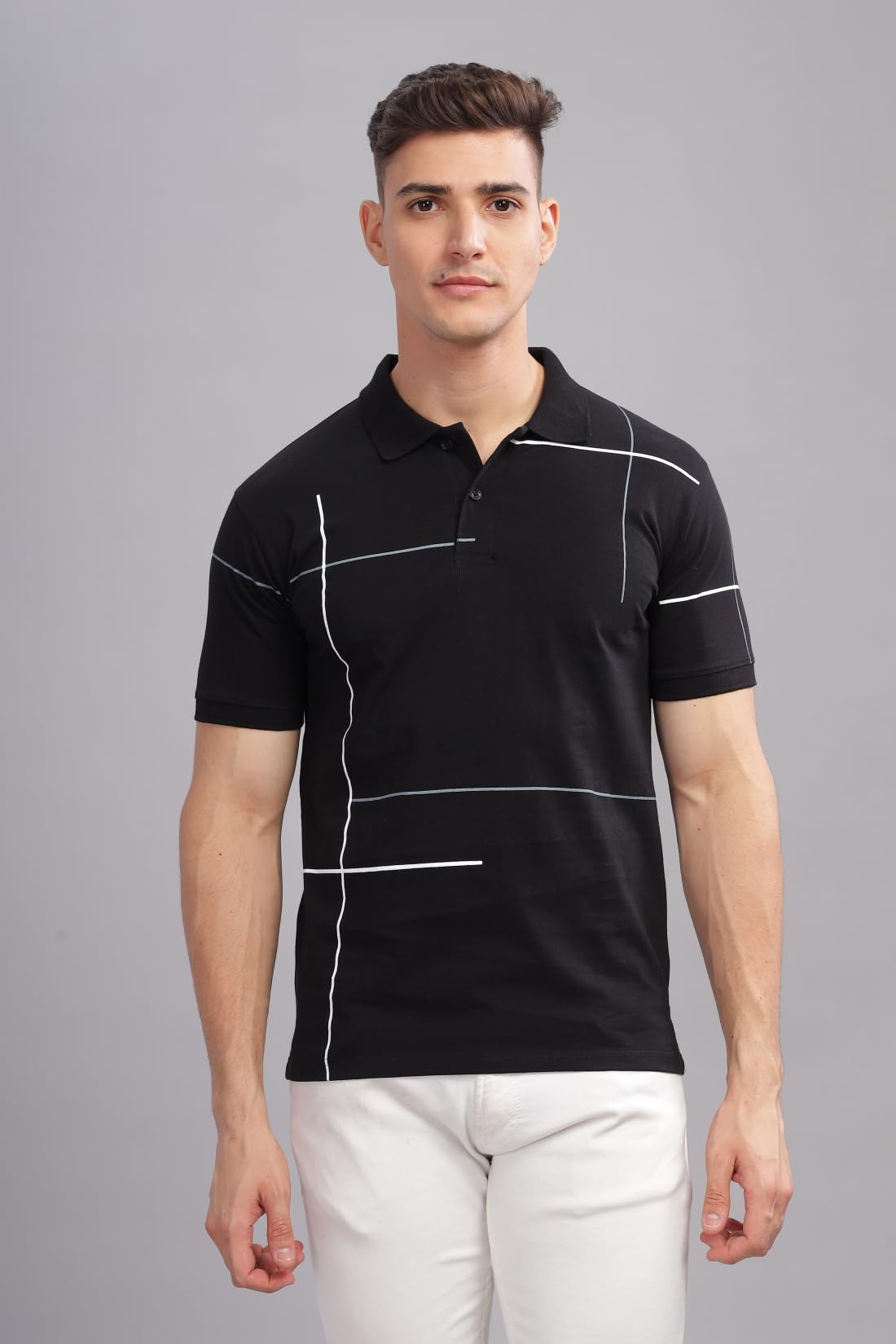 ADRO Men's Solid Regular Fit Polo Shirt (PNOP24-L1-BLWHGR_Black